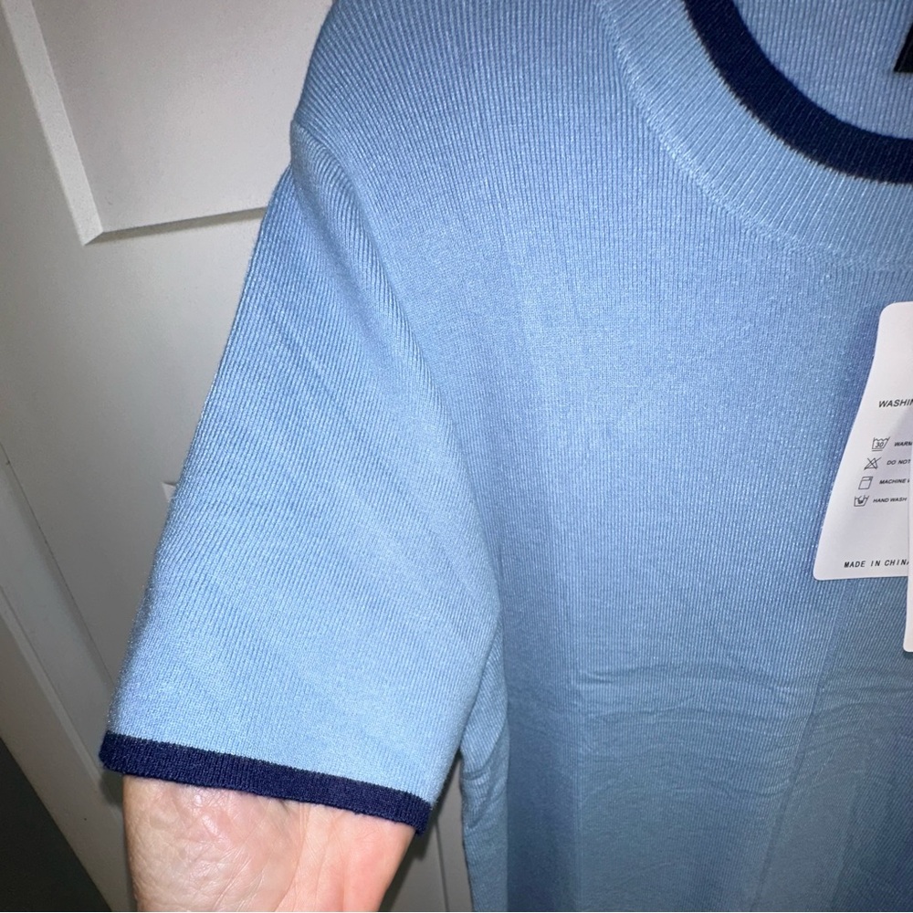 Merokeety Light Blue Sweater Dress with Navy Trim- Large nwt - Picture 4 of 9